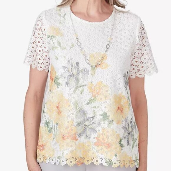 Alfred Dunner Charleston Short Sleeve Floral Lace Necklace Top Sze PM NWT - Picture 1 of 14